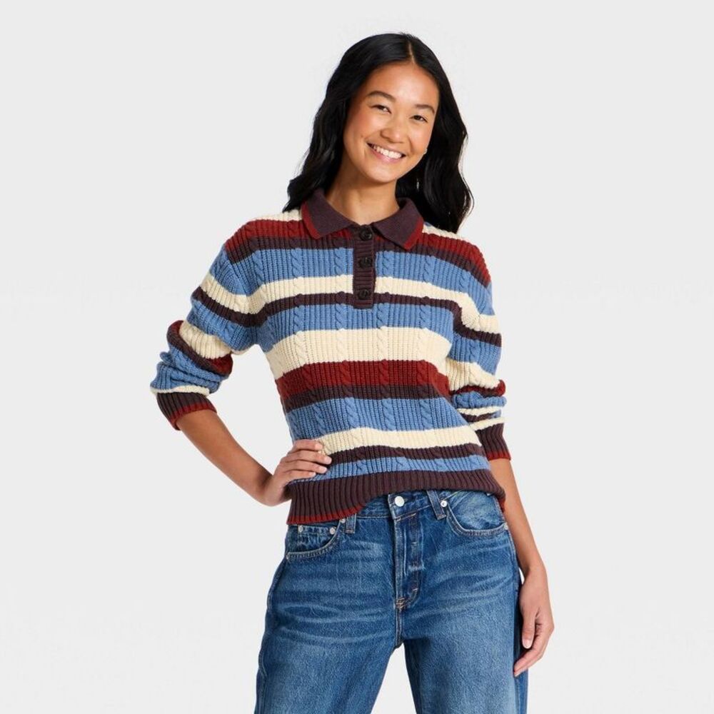 Women's Cable Collared Pullover Sweater - Universal Thread Multi Striped XS
